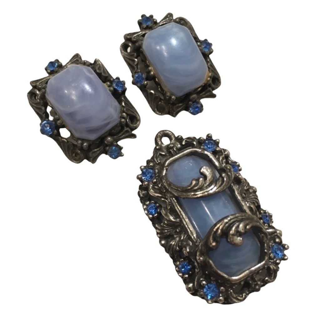 Vintage Blue Moonstone In Pot Metal Set
